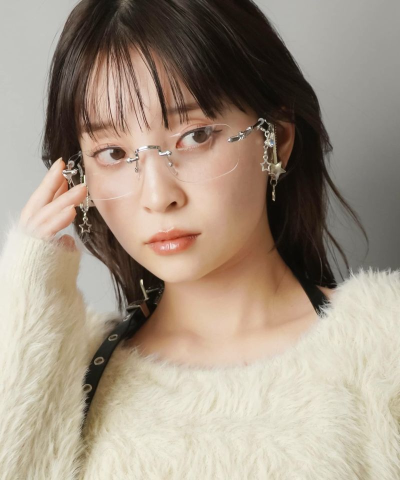 チャーム付きリムレスメガネ/フレームレスメガネ/サイドビーズ