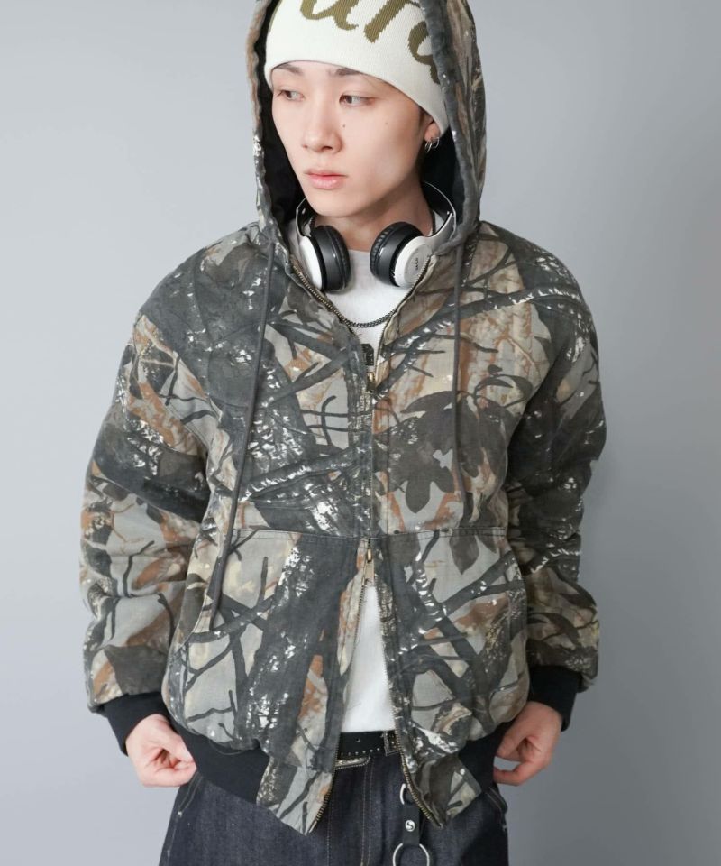 短丈カモフラージュ柄アクティブジャケット/ダブルジップ・フード付き