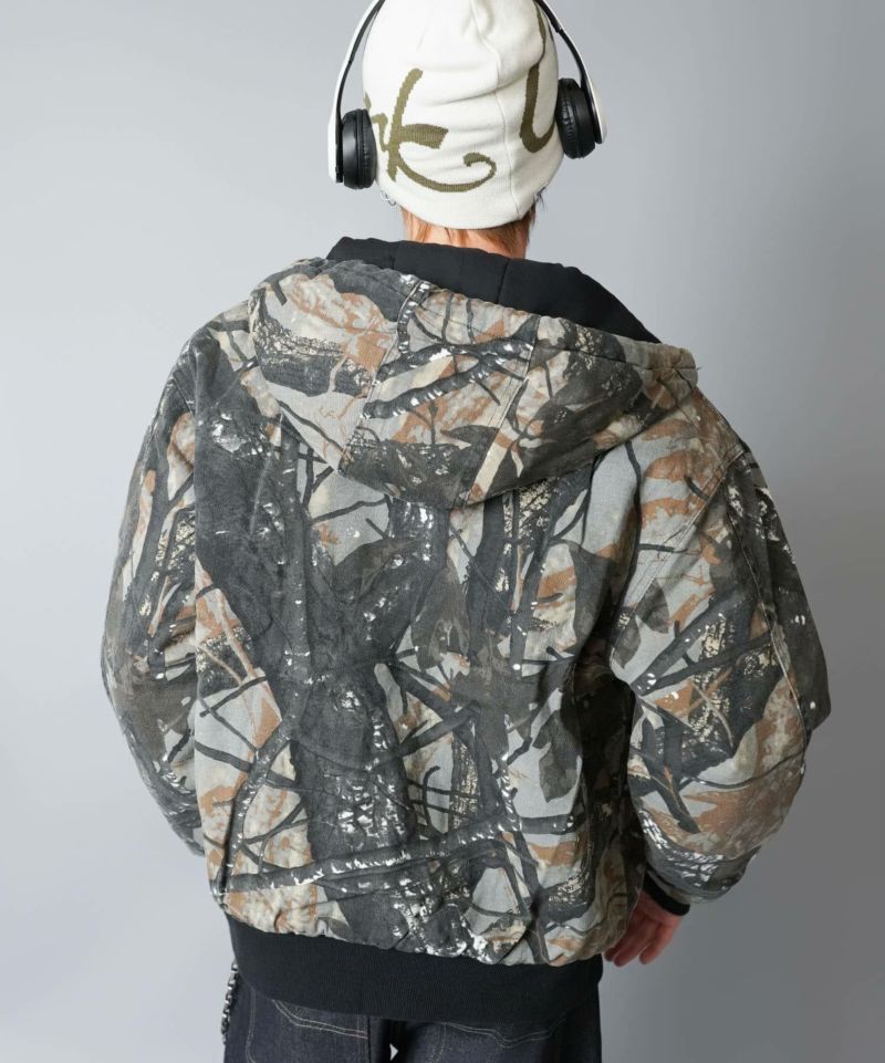 短丈カモフラージュ柄アクティブジャケット/ダブルジップ・フード付き