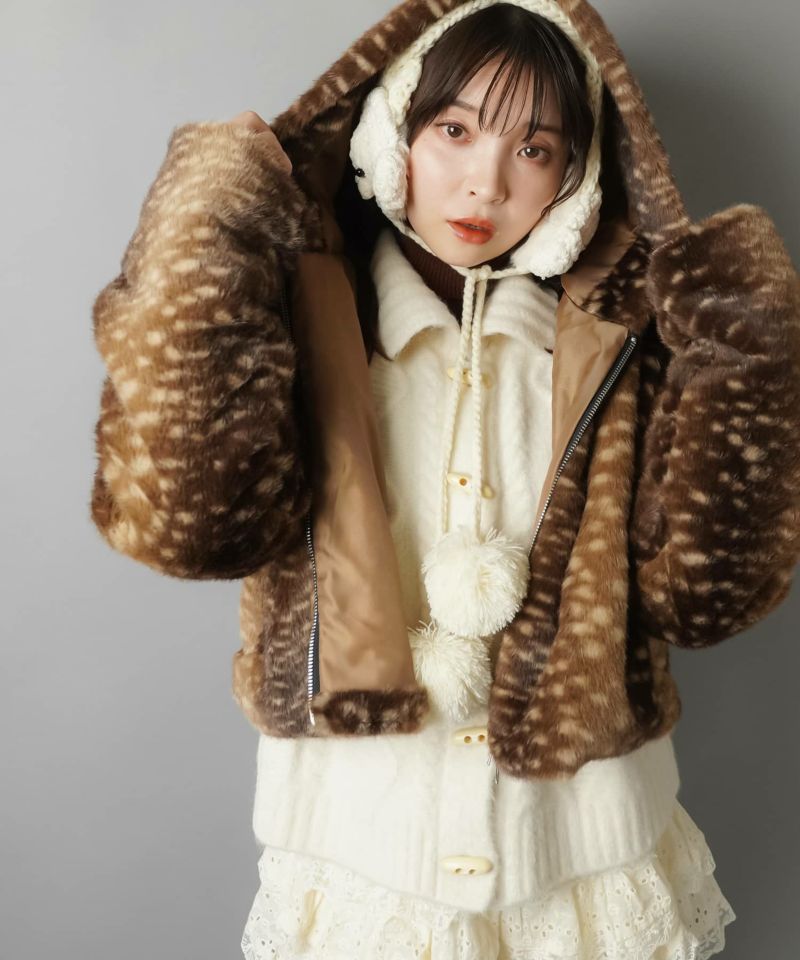 72%OFF】フード付きフェイクファーブルゾン/バンビ柄/ヒョウ柄