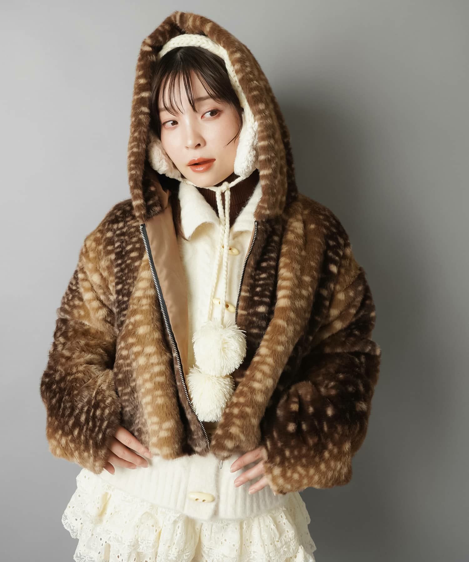 72%OFF】フード付きフェイクファーブルゾン/バンビ柄/ヒョウ柄