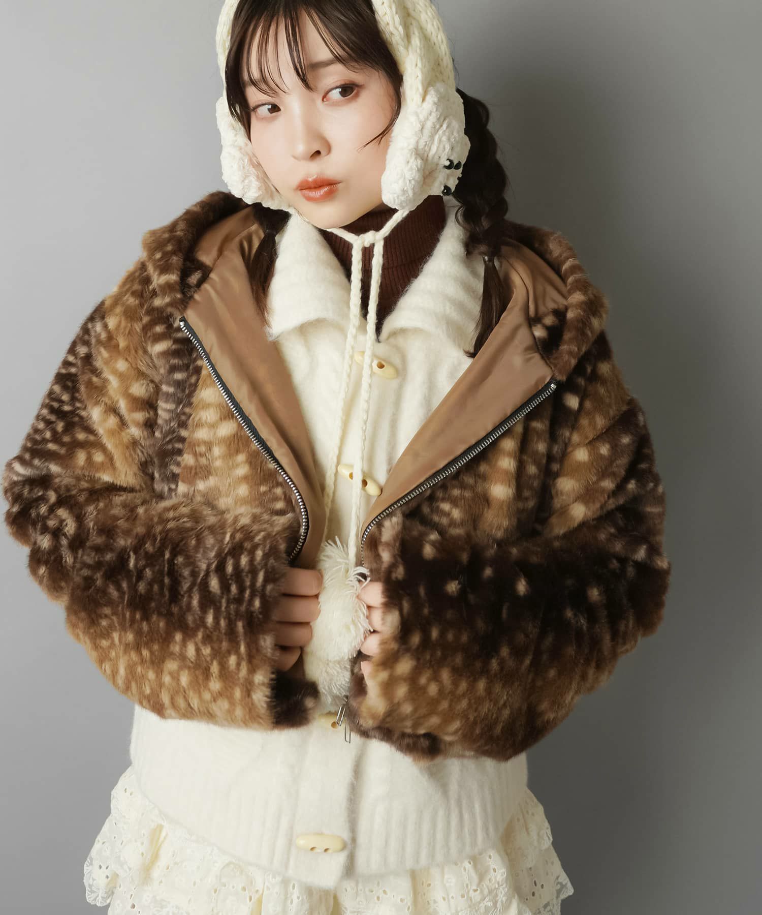 72%OFF】フード付きフェイクファーブルゾン/バンビ柄/ヒョウ柄