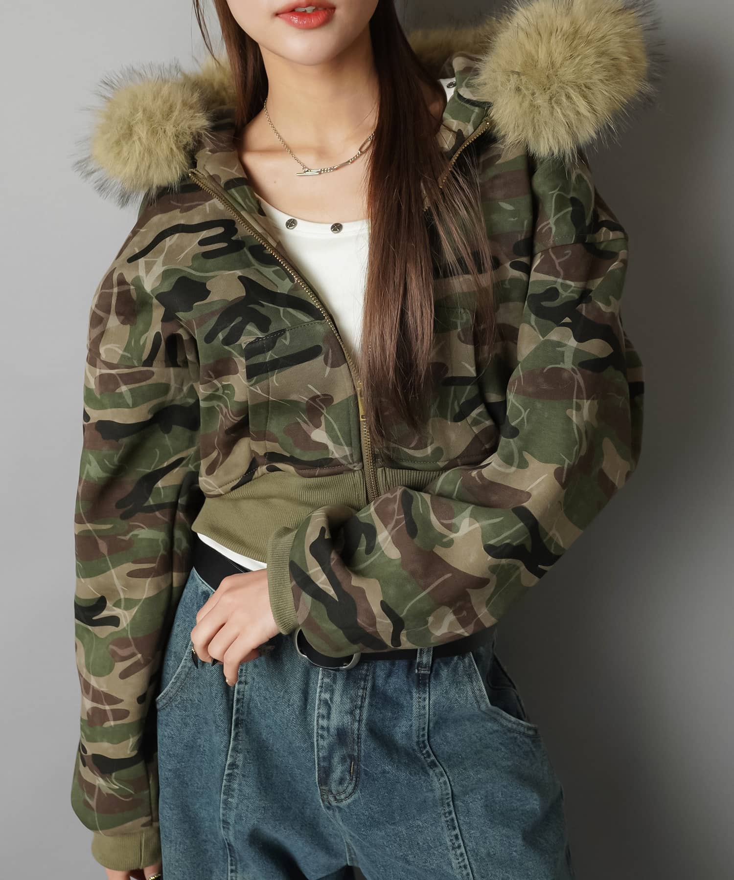 ショート丈カモ柄ジップパーカー/フェイクファー/迷彩 | SPINNS WEB