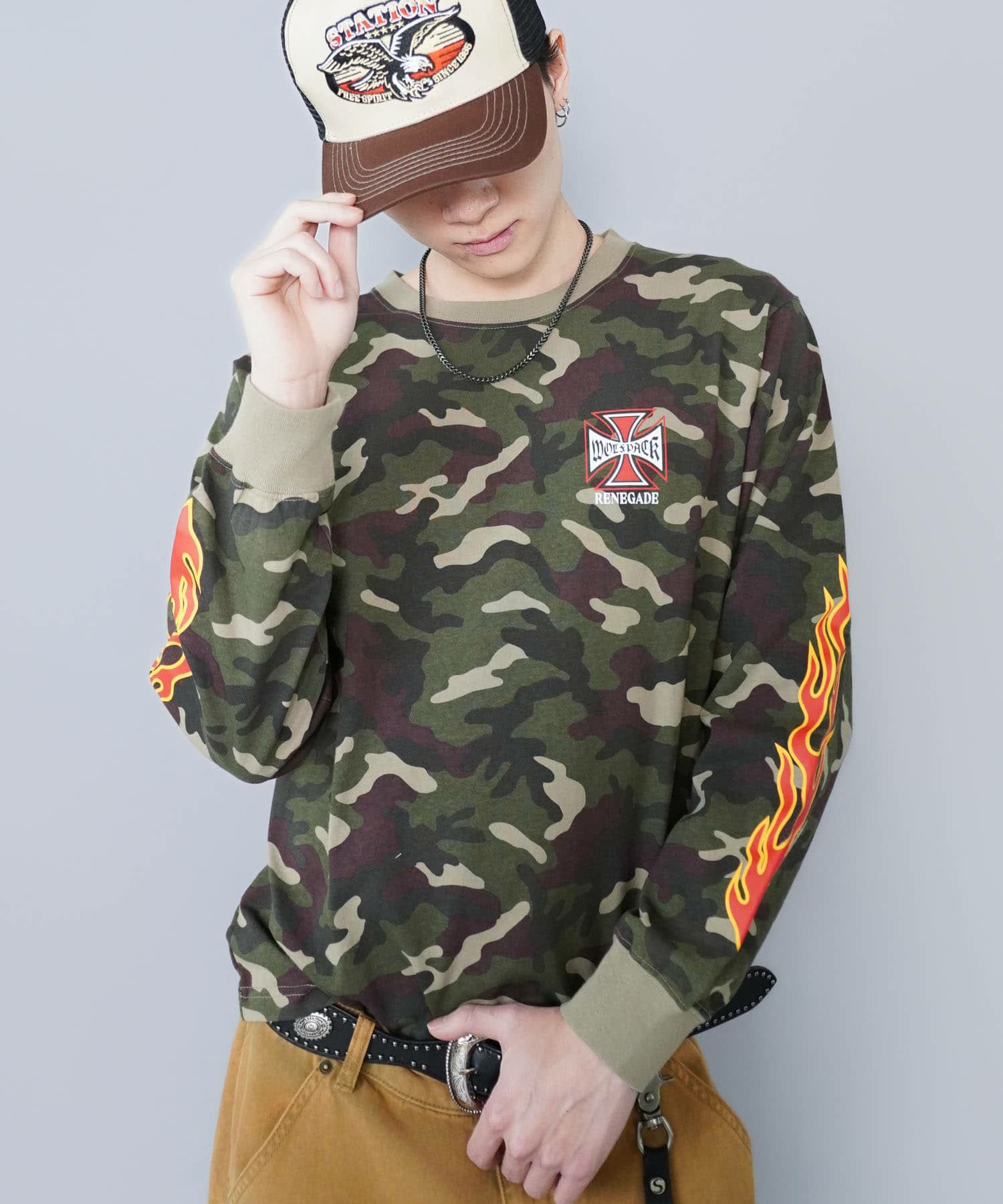 短丈ロングスリーブTシャツ/ファイヤークロスロゴ | SPINNS WEB STORE